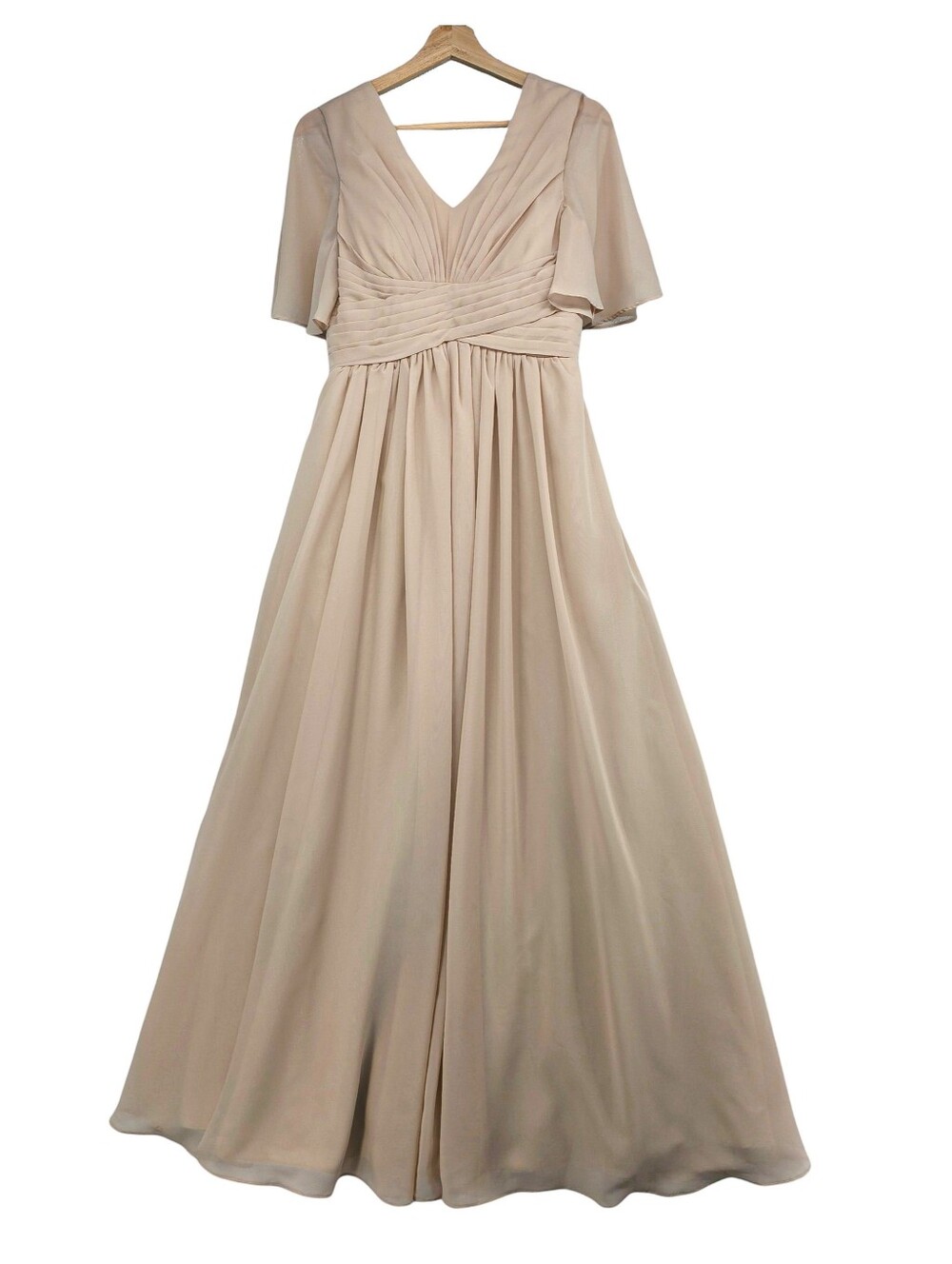 Lavetir Nude Beige Pleated Flutter Sleeve Formal Gown Side Slit Pockets NWT - Picture 3 of 16